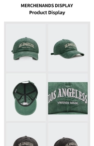 Detailed views of vintage washed cotton baseball caps with Los Angeles embroidery