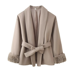 Short wool coat for women with faux fur cuffs and tie-waist belt in light coffee color