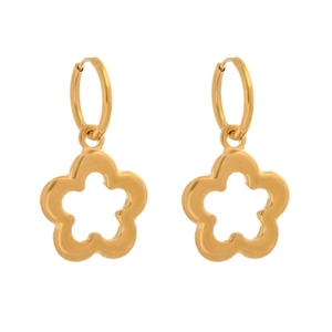 Polished gold flower drop earrings with minimalist hollow five-petal design on white background