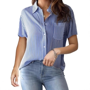 Women's blue and white vertical striped short sleeve button down shirt with front pocket