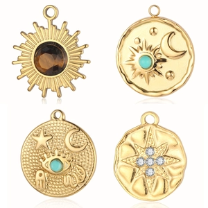 Celestial bohemian gold stainless steel pendants with sun moon star and natural stones