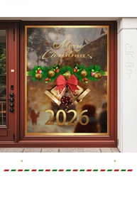 Detail of Christmas bell window sticker with Merry Christmas text and 2026 gold design