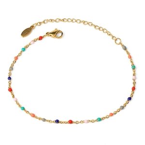 Detail of colorful enamel beads on a gold-plated stainless steel chain with lobster clasp