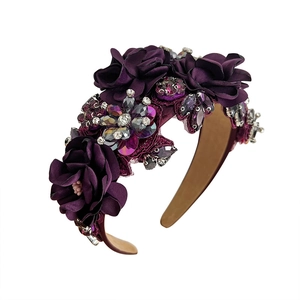 Deep purple floral headband with crystal rhinestones and bead embroidery for women