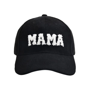 Classic black corduroy baseball cap featuring white MAMA letter embroidery for women