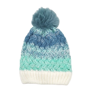 Kids gradient knit hat with navy blue pompom and warm fleece lining for winter wear