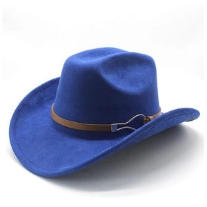 Close-up of royal blue felt cowboy hat with brown leather band and silver metal buckle detail