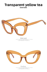 Detail view of transparent amber cat-eye glasses frames showing front and side angles