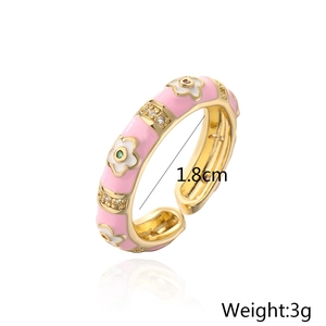 Detail of pink enamel ring with white flowers and dimensions 1.8cm diameter and 3g weight