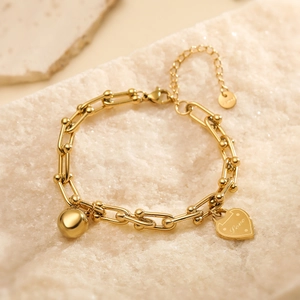 Minimalist Stainless Steel U Link Chain Bracelet For Women Gold Plated Heart Ball Pendant Love Engraved Jewelry Gift