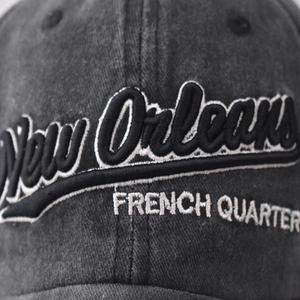 Washed dark gray baseball cap with New Orleans French Quarter 3D embroidery detail