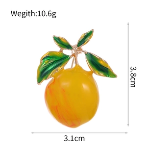 Cute lemon brooch pin with yellow enamel fruit and green leaves in 3.8cm height
