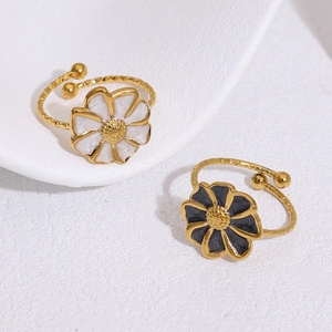 Flower Ring Stainless Steel Enamel French Vintage Adjustable Open Finger Band Jewelry For Women Elegant