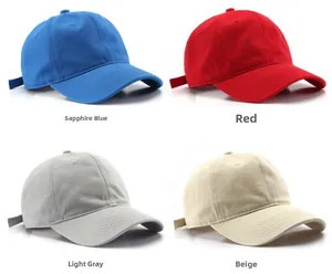 Detailed view of four classic baseball caps in sapphire blue, red, light gray and beige
