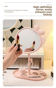 Pink desktop makeup mirror with cute bow decoration and jewelry storage oval base