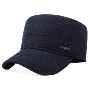 Men's warm navy blue flat top military hat with thermal lining and fashion metal plate