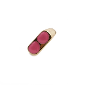 Detail of gold ring featuring dual pink enamel bean accents on a minimalist band