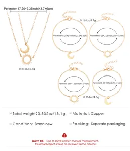 Detailed size chart for sun and moon jewelry set including necklaces and bracelets