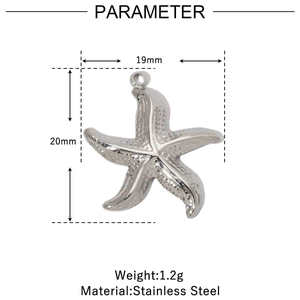 Macro detail of a starfish pendant in polished stainless steel with size dimensions
