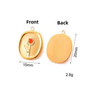 Detail of oval sunflower pendant charms in gold finish showing front and back view