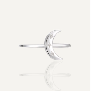 925 Sterling Silver Moon Star Ring For Women Elegant Rhinestone Inlaid Crescent Jewelry Fashion Finger Ring Gift