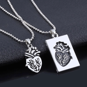 Anatomical heart pendant and engraved tag necklace set with silver bead chains