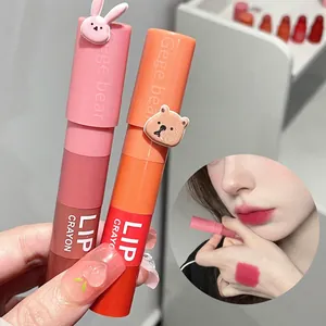 Velvet matte lip crayon set with cute 3D bunny and bear toppers in pink and orange shades