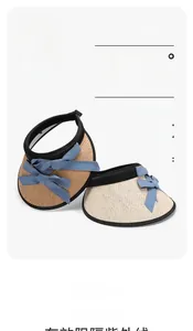 Detail of UV protection UPF50+ foldable straw visor hat with denim bow and black edging