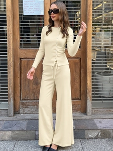 Women Ribbed Knit Long Sleeve Cardigan And Wide Leg Trousers Polyester Spandex Asymmetrical Button Casual Streetwear Outfits