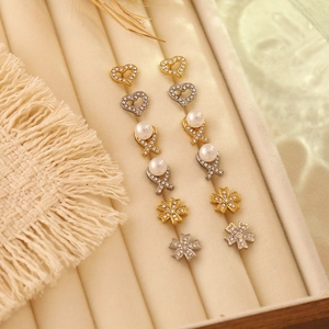 Minimalist 304 Stainless Steel Heart Bow Flower Stud Earrings With Zircon And Faux Artificial Pearl Gold Plated Elegant Jewelry
