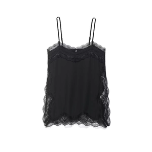 Camiseta de satén negro para mujer con elegante encaje y finos tirantes ajustables