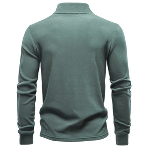 Rear view of men's dark green long sleeve thermal sweatshirt with stand collar