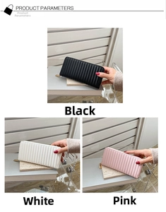 Vertical quilted long wallets in black, white, and pink leather with gold zippers