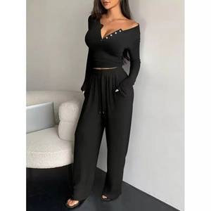 Women Loungewear Ribbed Henley V Neck Button Top And High Waist Wide Leg Drawstring Pants Casual Home Sleepwear