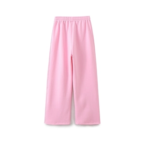 Detail view of pink high-waisted wide-leg lounge pants with comfortable elastic waistband