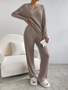 Taupe ribbed knit loungewear set featuring a V-neck long sleeve top and wide-leg pants