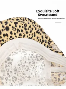 Detailed macro view of the leopard print cap with a soft cotton sweatband and mesh lining