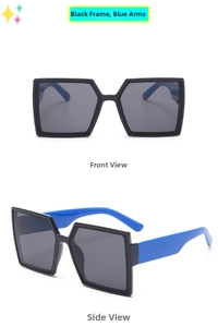 Front and side views of oversized geometric sunglasses with black frame and blue temples