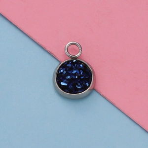 Detail of 12mm silver stainless steel pendant with blue druzy stone inlay for DIY jewelry