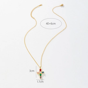 Detailed view of gold cross pendant with colorful zircon stones and size specifications