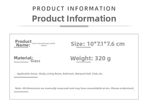 Technical specification sheet for vertical stripe glass candle holder measuring 10x7.1x7.6cm