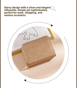 Detail of rose gold starry glitter card holder with dual zippers and multi-slot design