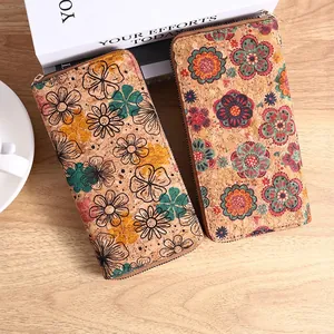 Bohemian cork wood grain long clutch wallets with artistic floral prints and zipper closure