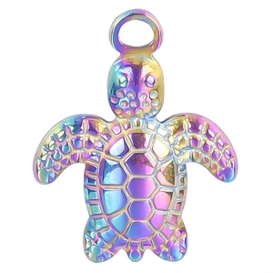 Rainbow stainless steel turtle necklace pendant with colorful metallic shell texture