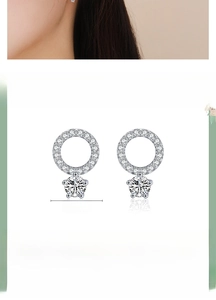 Detailed view of S925 sterling silver stud earrings with zirconia and size dimensions