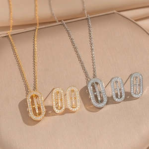 Copper Jewelry For Women With Shiny Zircon Rhinestone Oval Pendant Necklace And Earrings Elegant Commuter Style 18K Gold Plated