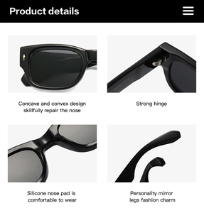 Detail of black rectangular sunglasses with reinforced hinges and metallic arrow rivet