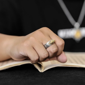 Retro silver Pixiu ring for men featuring golden relief and engraved scriptures