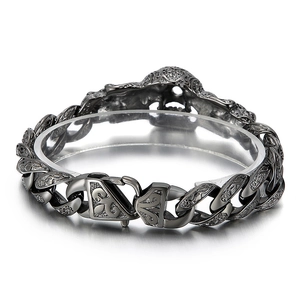 Gothic skull bracelet for men in vintage gun-black stainless steel with ornate carvings