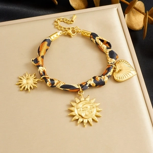 Bohemian Leopard Print Ribbon Bracelet Stainless Steel Gold Plated Sun Moon Face Heart Charm Vintage Jewelry For Women